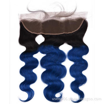 Ombre Remy Hair Brazilian Hair Extension Two Tone Color 1B/Blue Body Wave 13*4 Swiss Lace Frontal